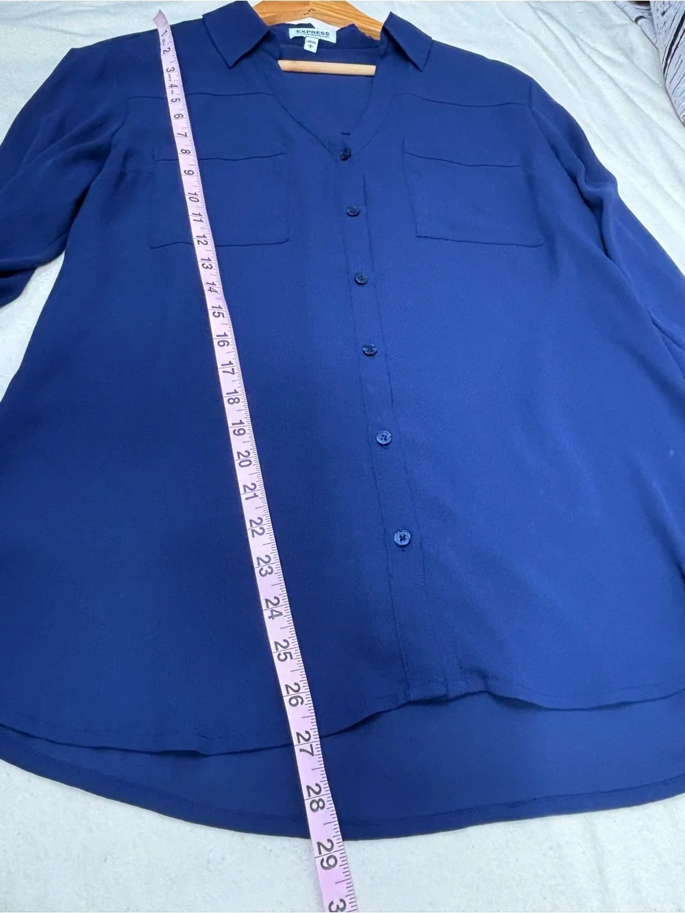 Express Portofino Shirt Size Large Navy Blue Button Down Roll Tab Sleeves Blouse